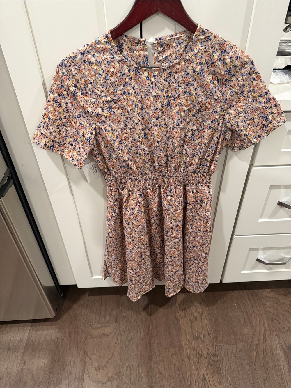 Amazon Peach Floral Short-Sleeve Smocked Waist Dress